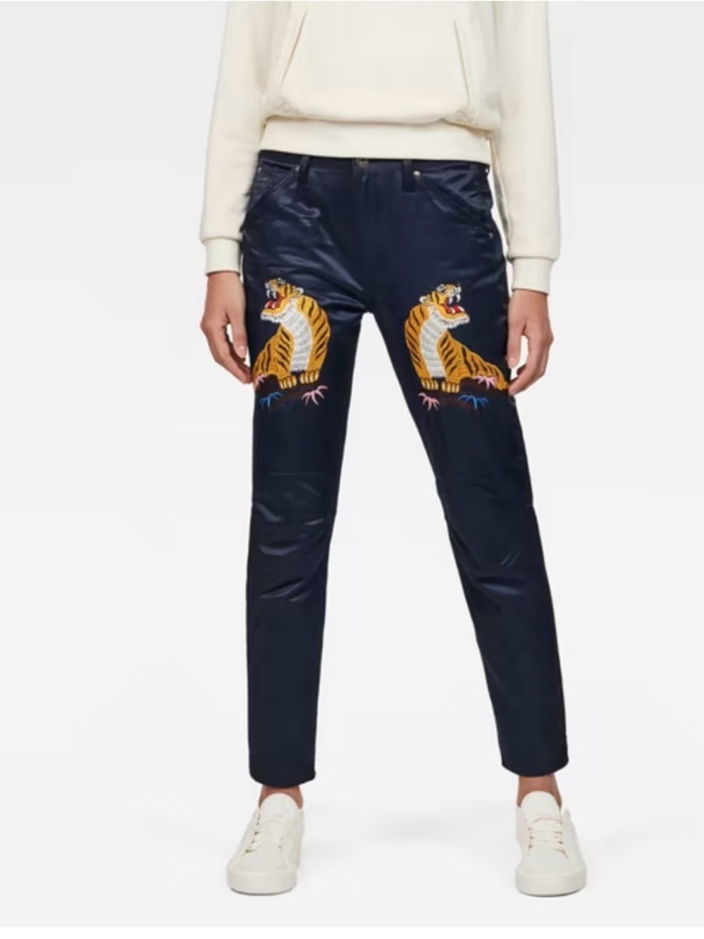 G-Star Sz 29 Elwood G52 Navy Satin Pants with Embroidered Yellow Tiger NEW
